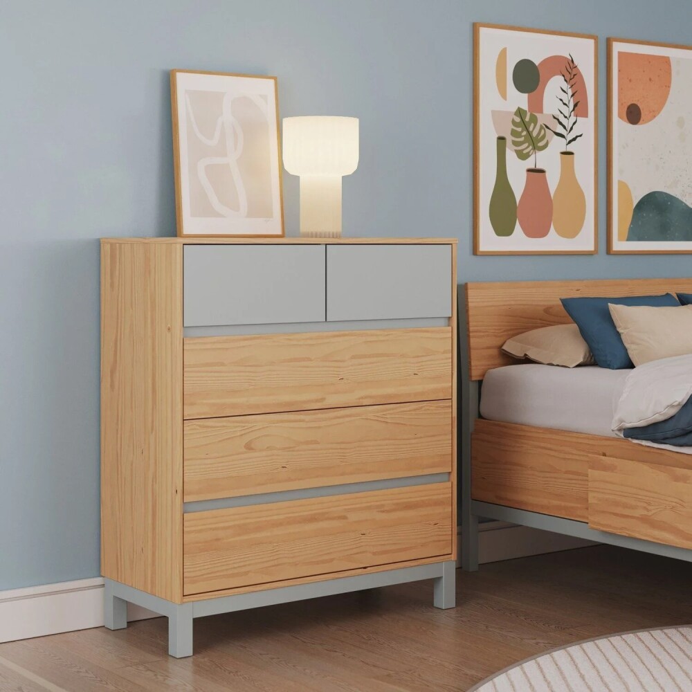 Cómoda 5 Cajones - Madera Maciza Pino/Gris - Square Cómoda 5 Cajones - Madera Maciza Pino/Gris - Square