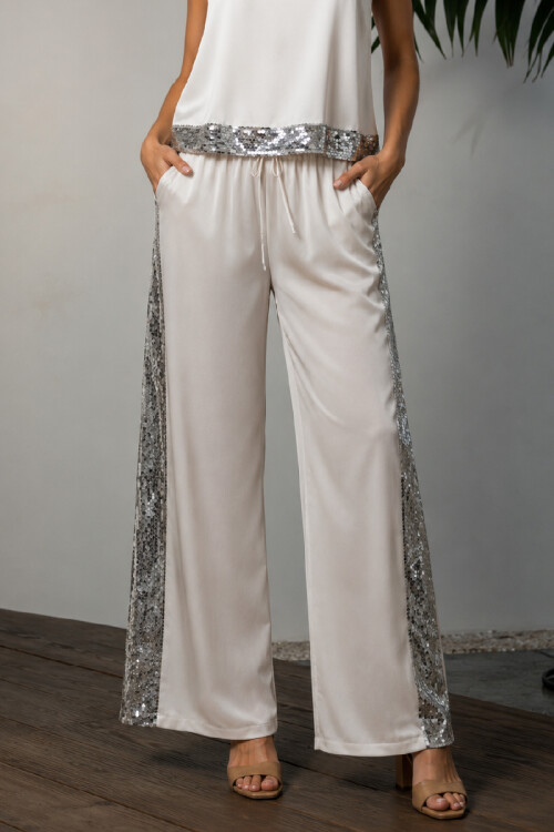 PANTALON P233/25 ENGOMADO CON AÑADIDO DE LENTEJUELAS Marfil