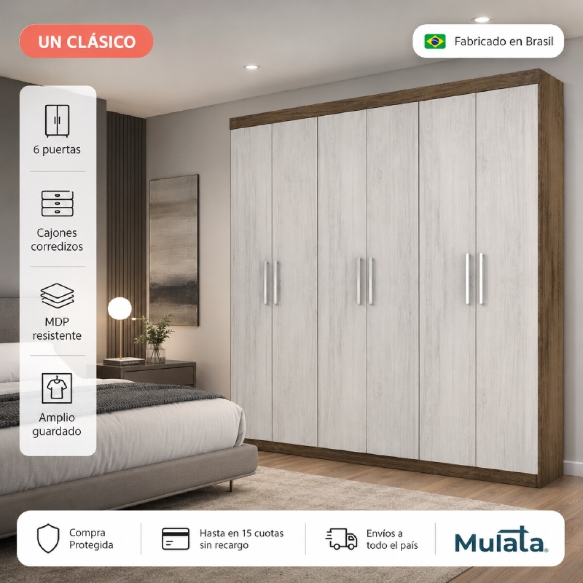 Ropero Armario Placard de 6 Puertas con Cajones Corredizos - MDP - Gris claro 