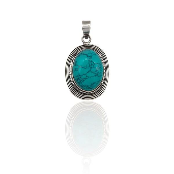 Dije Colgante Oval-Plata 925 Quemada-Piedra Turquesa-CP4274 Conpiedra