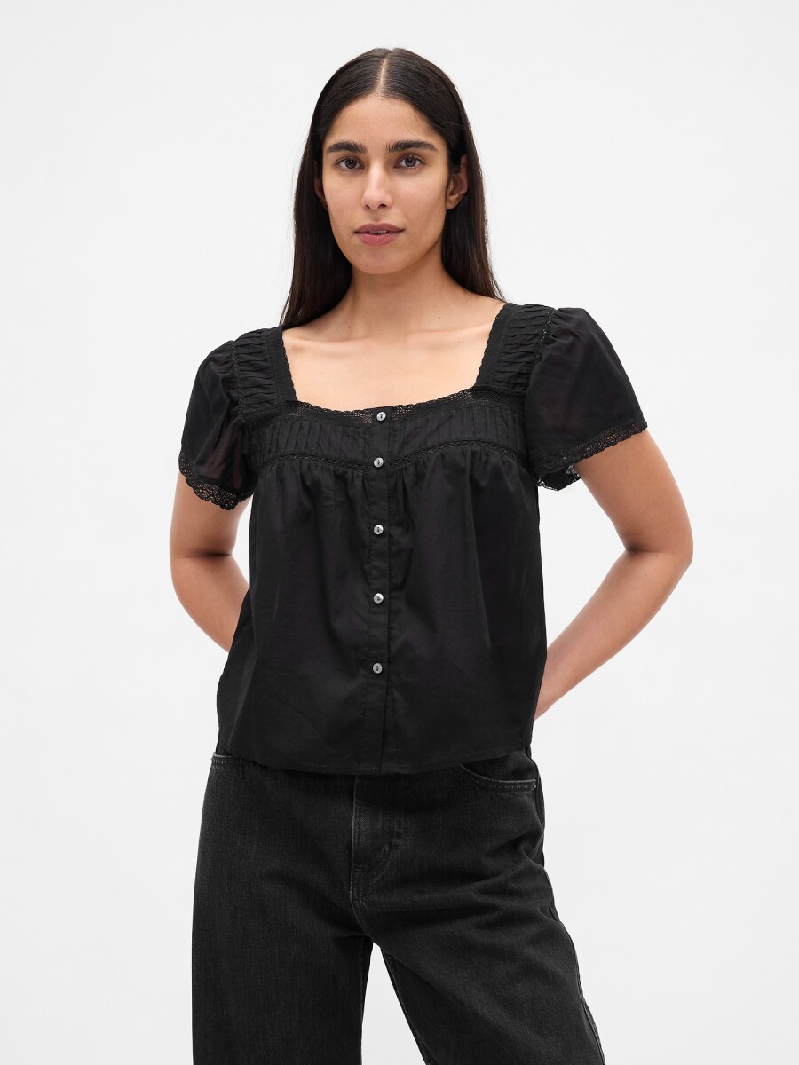 SS LACE INSERT BTN FRONT TOP - TRUE BLACK 