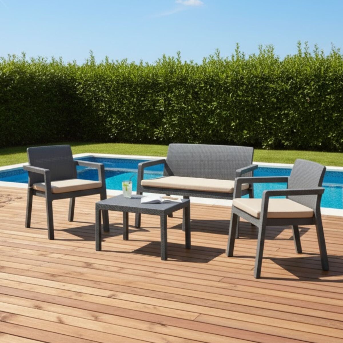 Juego Prestij de jardín 3 sillones con almohadones + mesa - GRIS 