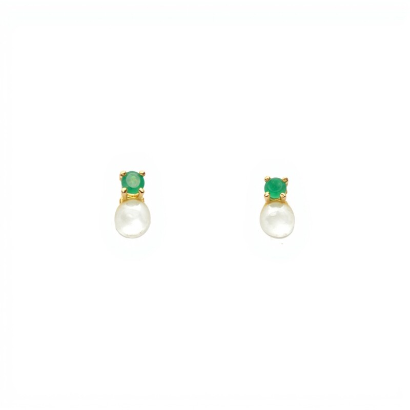 Caravanas Perlas- Oro bajo - Perla de río y esmeralda- CA8232 conperla