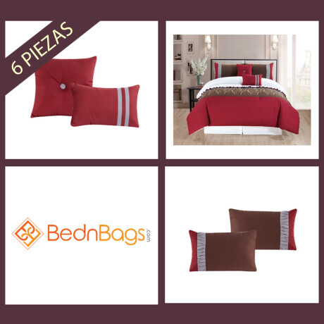 Set de Cama 1 Plaza 6 Piezas c/ Acolchado Almohadones Fundas Blanco/bordó