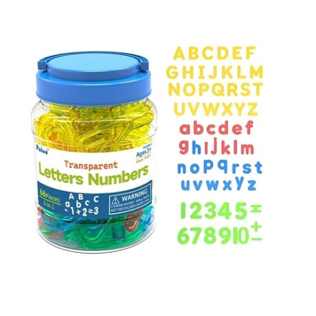 Figuras Traslucidas en pote Letras y Numeros 66 Piezas
