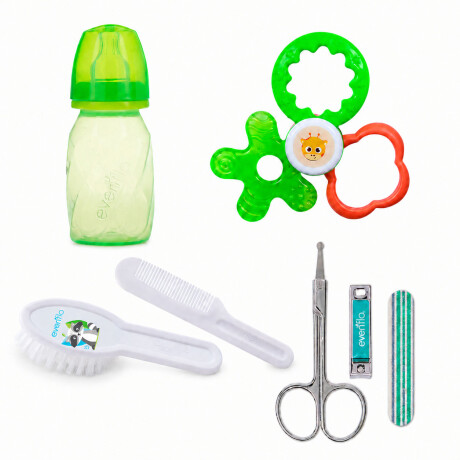Set Evenflo Mamadera +Mordillo + Peine Cepillo +Set Manicure Verde
