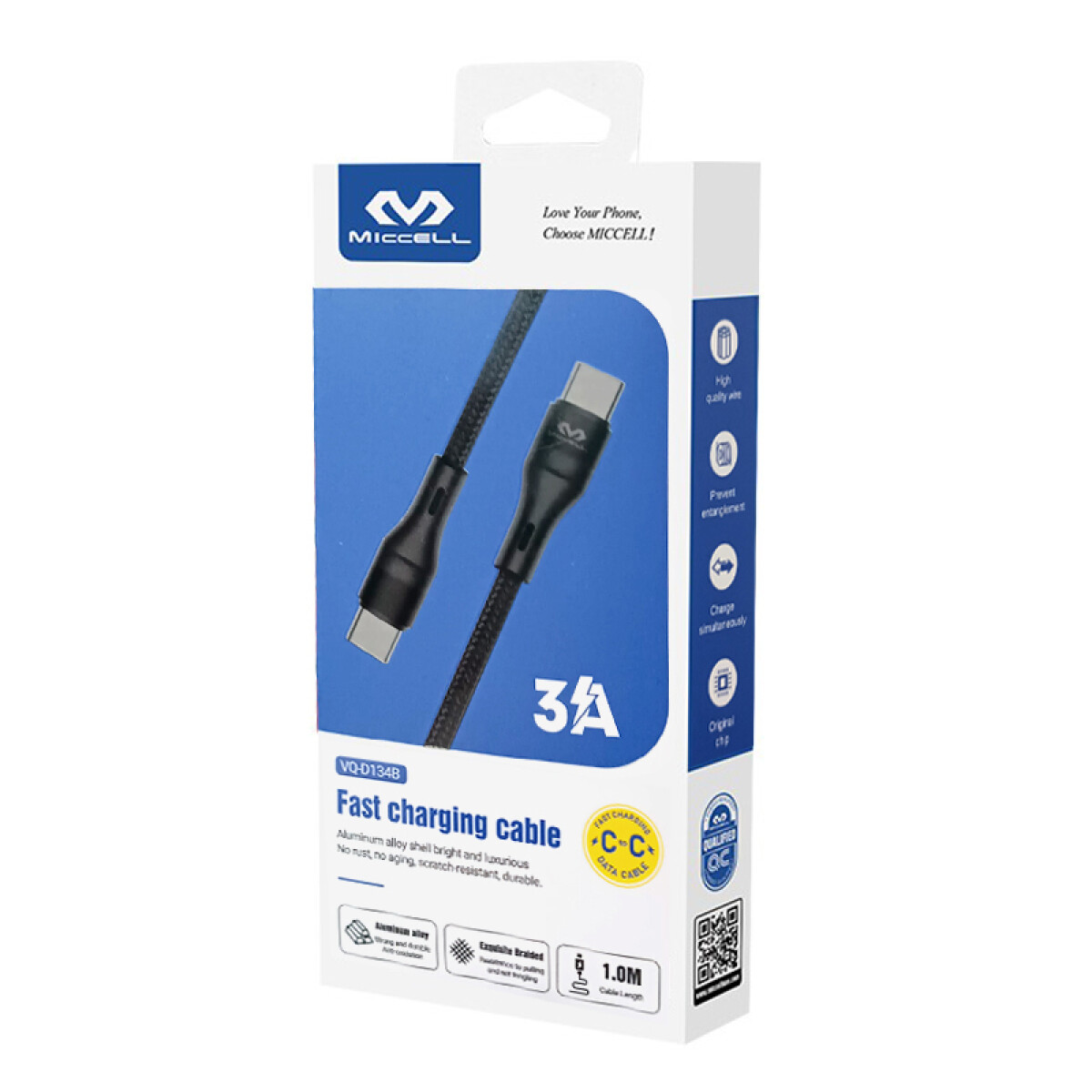 Cable tipo C a tipo C 60W Miccell 1 m. reforzado carga ràpid - Unica 