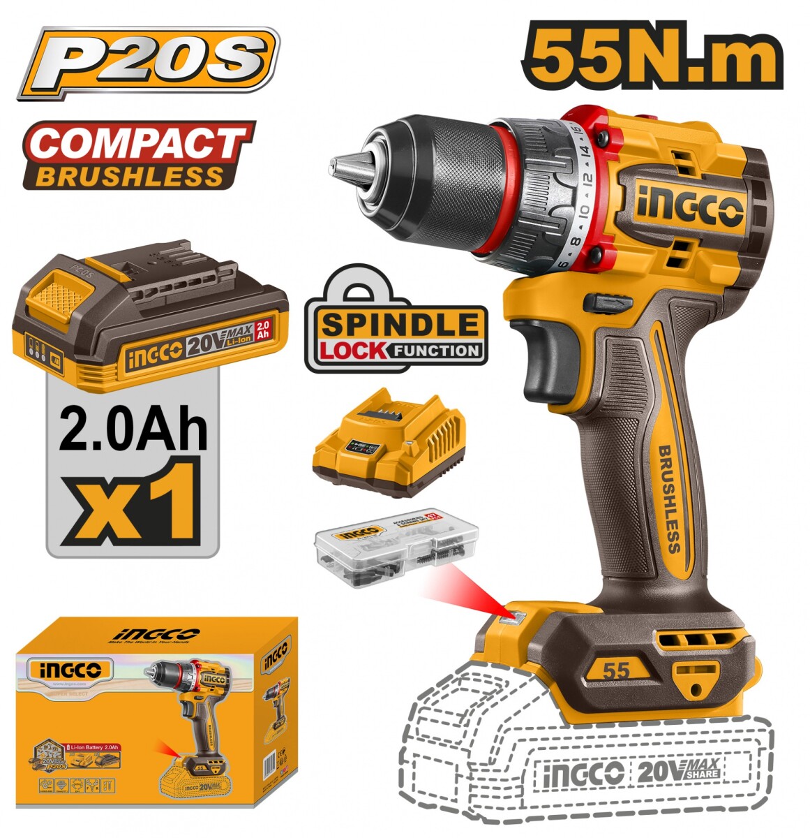 TALADRO ATORNILLADOR A BATERÍA 20V P20S BRUSHLESS 55NM C/BATERÍA CARGADOR Y ACC 