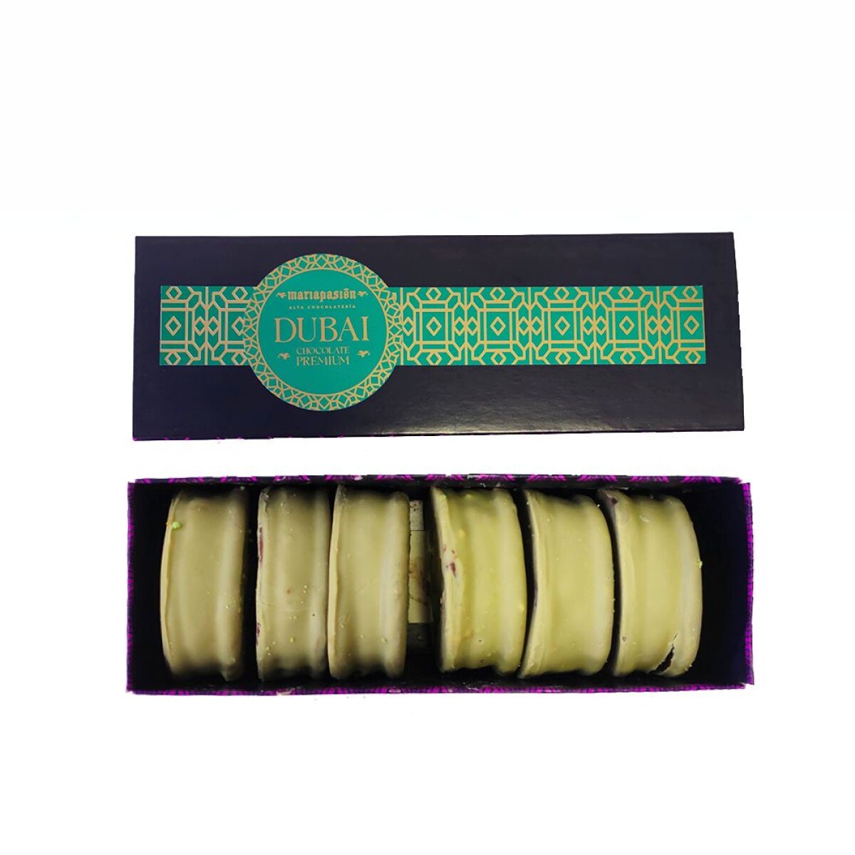 Caja Alfajor DUBAI y Dulce de Leche Chocolate Pistacho 33% x6 unidades 