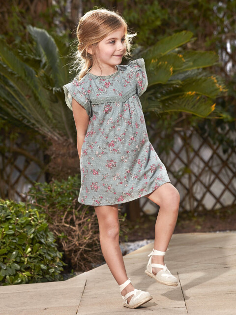 Vestido Estampado De Flores Con Tiras Bordadas Verde