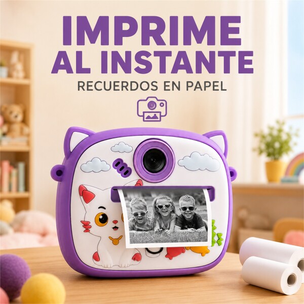 Cámara Infantil Instantánea Gatito con Doble Lente y Selfie Violeta