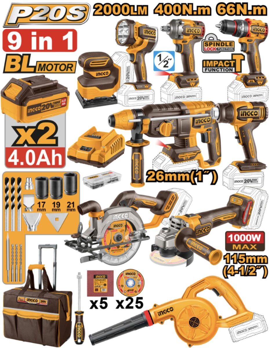 KIT COMBO INDUSTRIAL 9 HERRAMIENTAS A BATERIA P20S 20V BRUSHLESS + 2BAT, CARG, ACCESORIOS Y VALIJA INGCO COSLI250381 