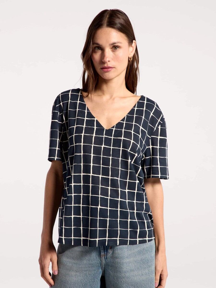 BLUSA DE CUELLO EN V CON ESTAMPADO - AZUL 