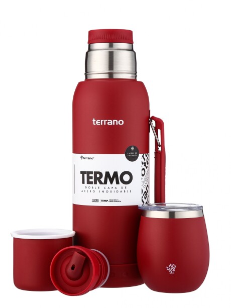 Kit Termo 1LT Con Base De Silicona + Mate De Acero Con Tapa Rojo