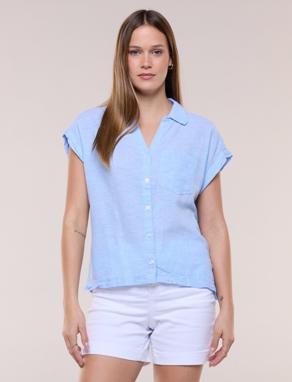 Camisa De Lino Con Bolisillo CELESTE