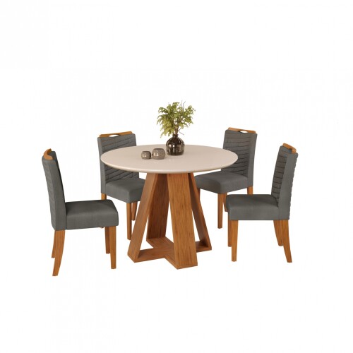 Juego De Comedor 4 Sillas Mesa Redonda - Celeste Beige / Gris