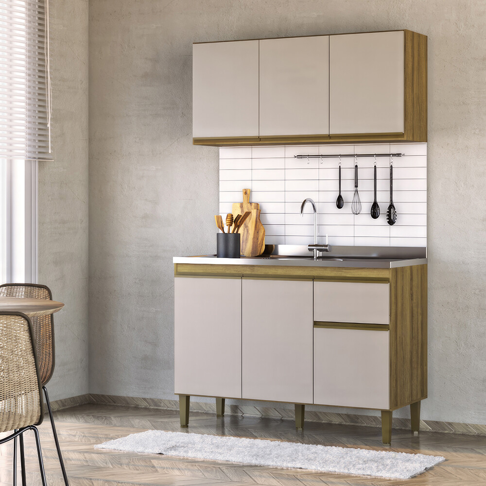 MUEBLE BAJO MESADA + AÉREO MODELO MARGARIDA COLOR MIEL/MARROC 1200 MM DE LARGO Mueble Bajo Mesada + Aéreo Modelo Margarida Color Miel/marroc 1200 Mm De Largo