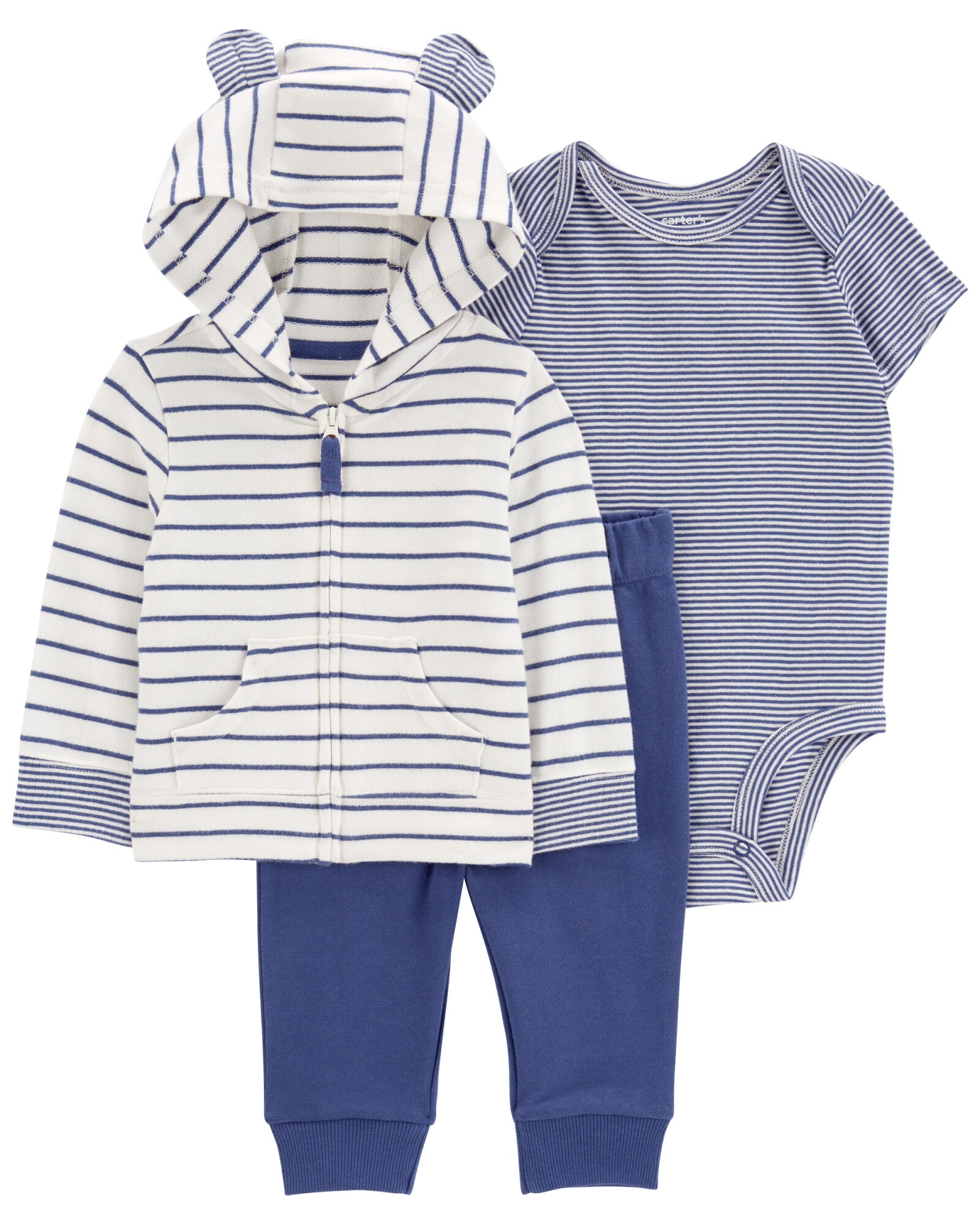 Set tres piezas de algodón, campera con capucha, pantalón y body, diseño a rayas Set tres piezas de algodón, campera con capucha, pantalón y body, diseño a rayas