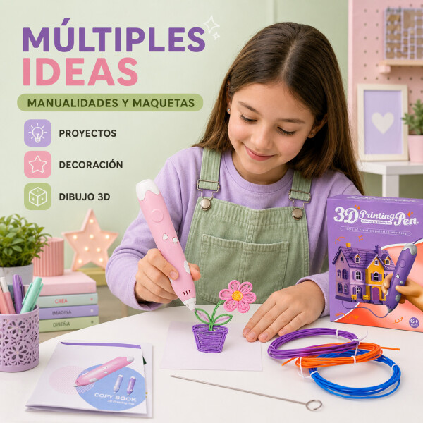Lapicera 3D Infantil Recargable con Filamentos Rosa