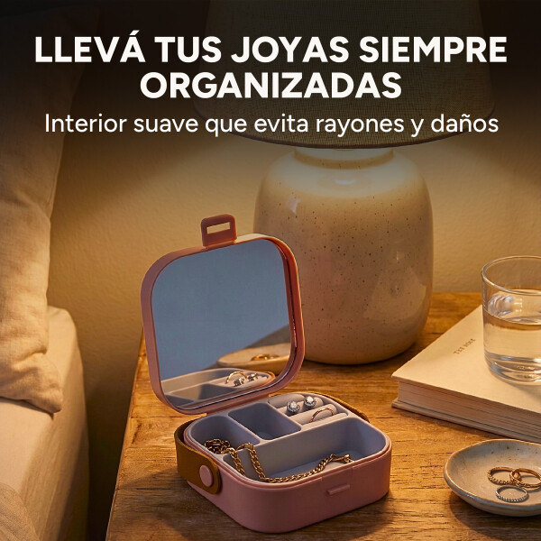 Mini Joyero Organizador Alhajero 9 X 9cm C/ Espejo Asa Rosa