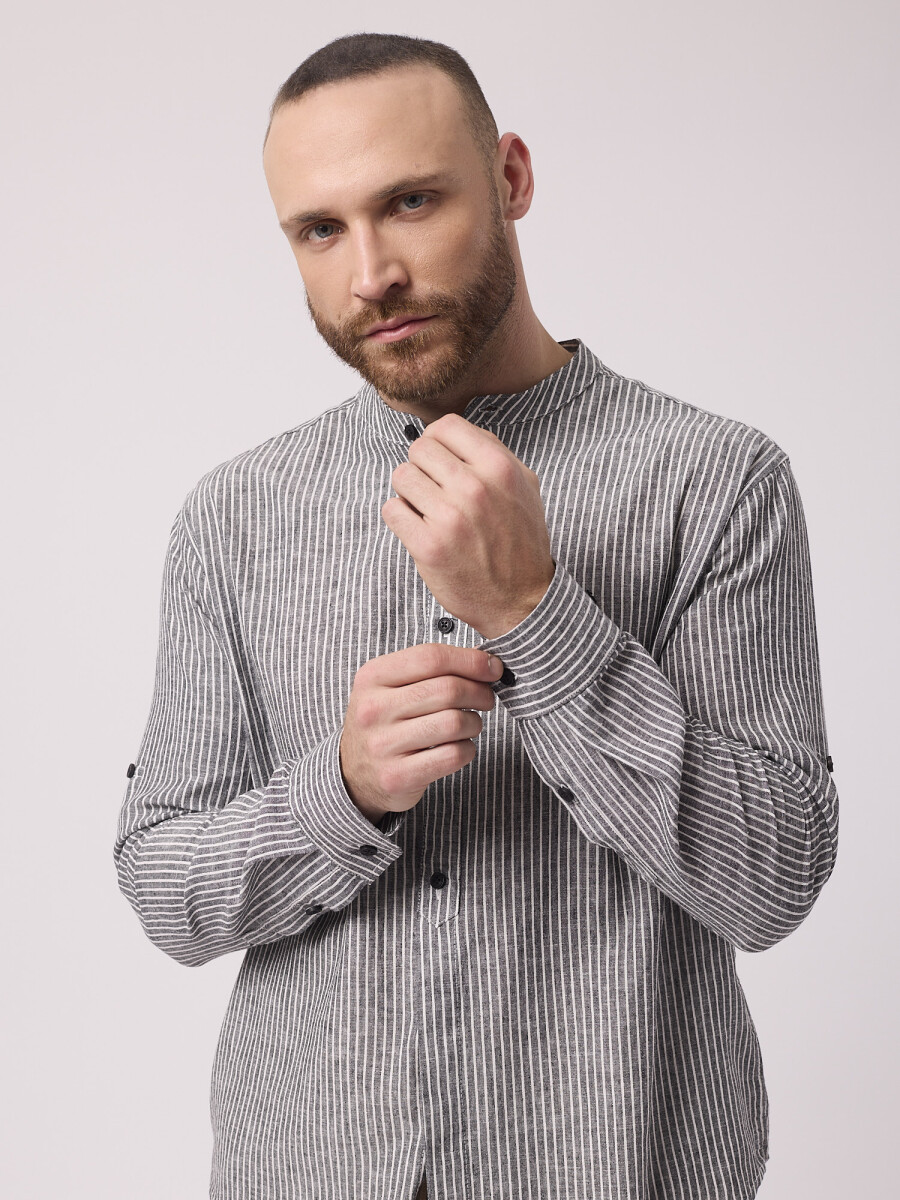 Camisa m/l lino rayada - negro 