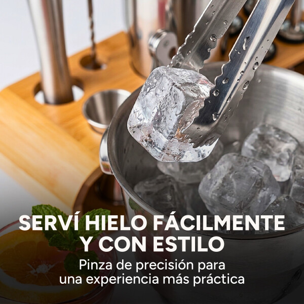 Set de Coctelería Kit 12 pcs Acero Inoxidable C/ Base Madera Plateado