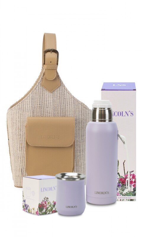 KIT MATERO RISING TEJIDO NEGRO Y CRUDO C/ LILA