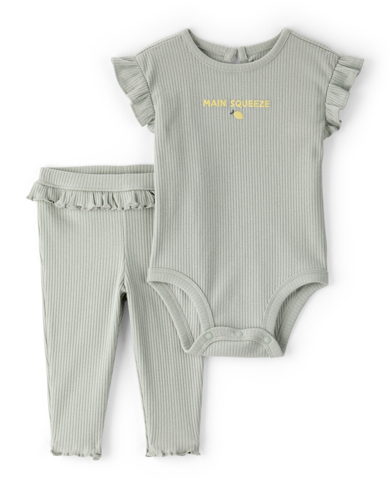 Set dos piezas de algodón acanalado, pantalón y body con volados, verde Set dos piezas de algodón acanalado, pantalón y body con volados, verde