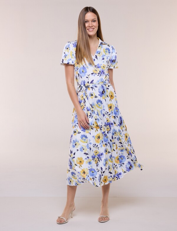Vestido Midi Estampado Floral Con Lazo BLANCO/MULTI