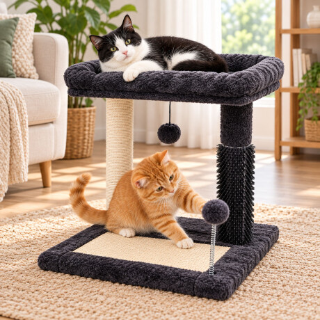Rascador Para Gatos Con Cama Y 2 Pompones Gris Oscuro