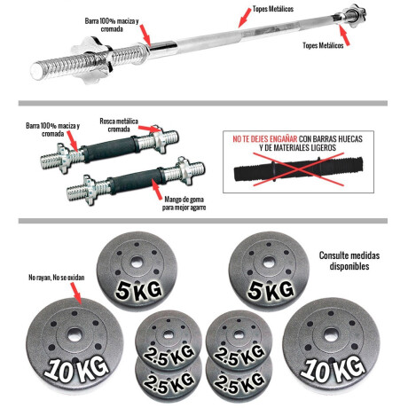 Set 2 Mancuernas Macizas + Barra 1.8m + 60 Kg Pesas 2x10kg-4xkg-8x2.5kg