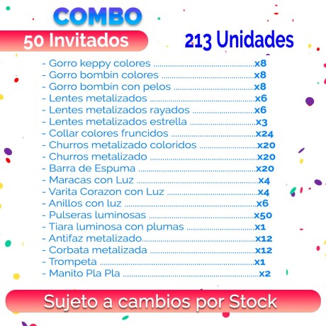 Combo Cotillon Metalizado 50 Invitados - 213 Articulos Combo Cotillon Metalizado 50 Invitados - 213 Articulos