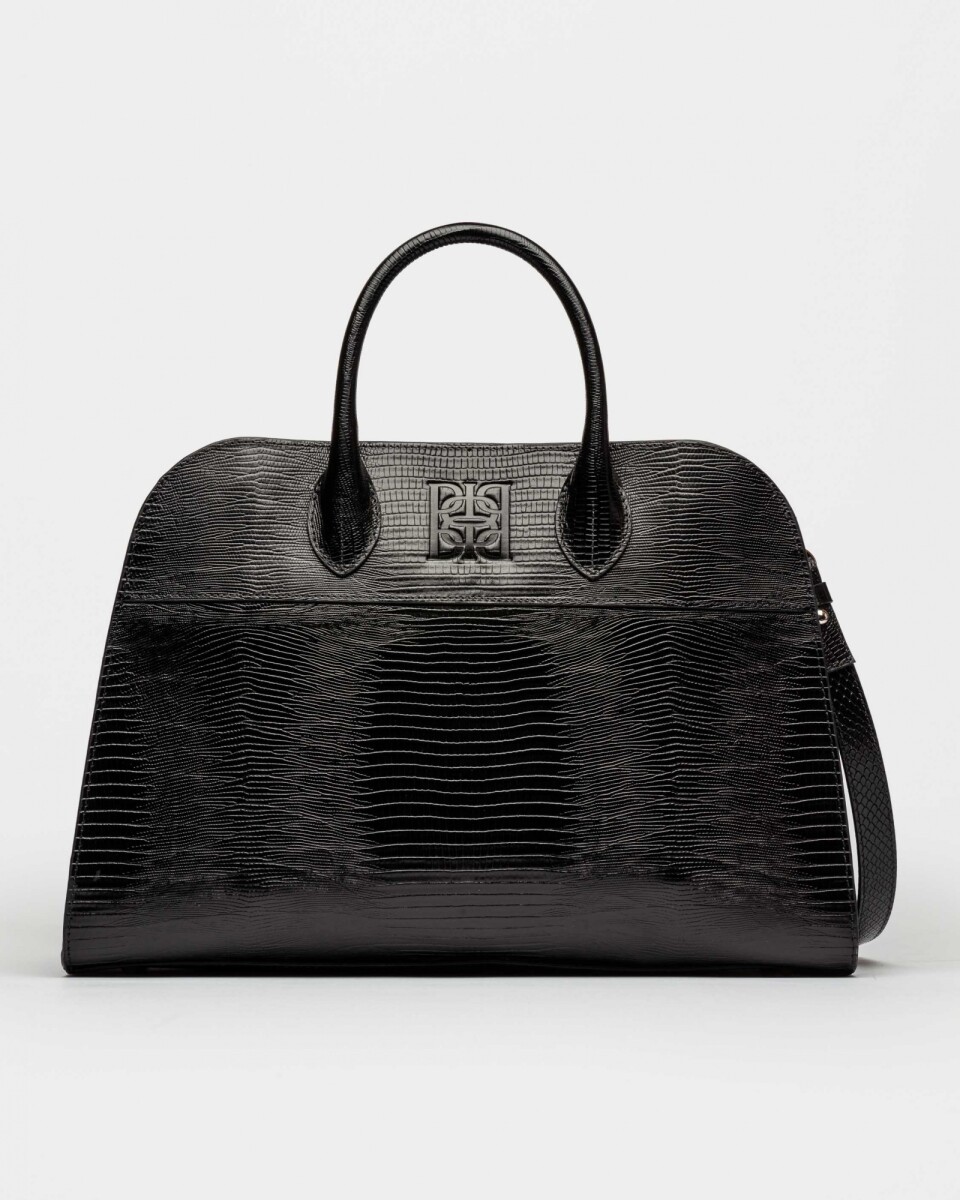 Cartera de Mano The Roots En Cuero Grabado Lagarto - Negro 