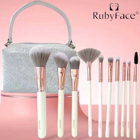 Set Maquillaje 10 Brochas y Pinceles c/ Estuche + Esponjas Plateado