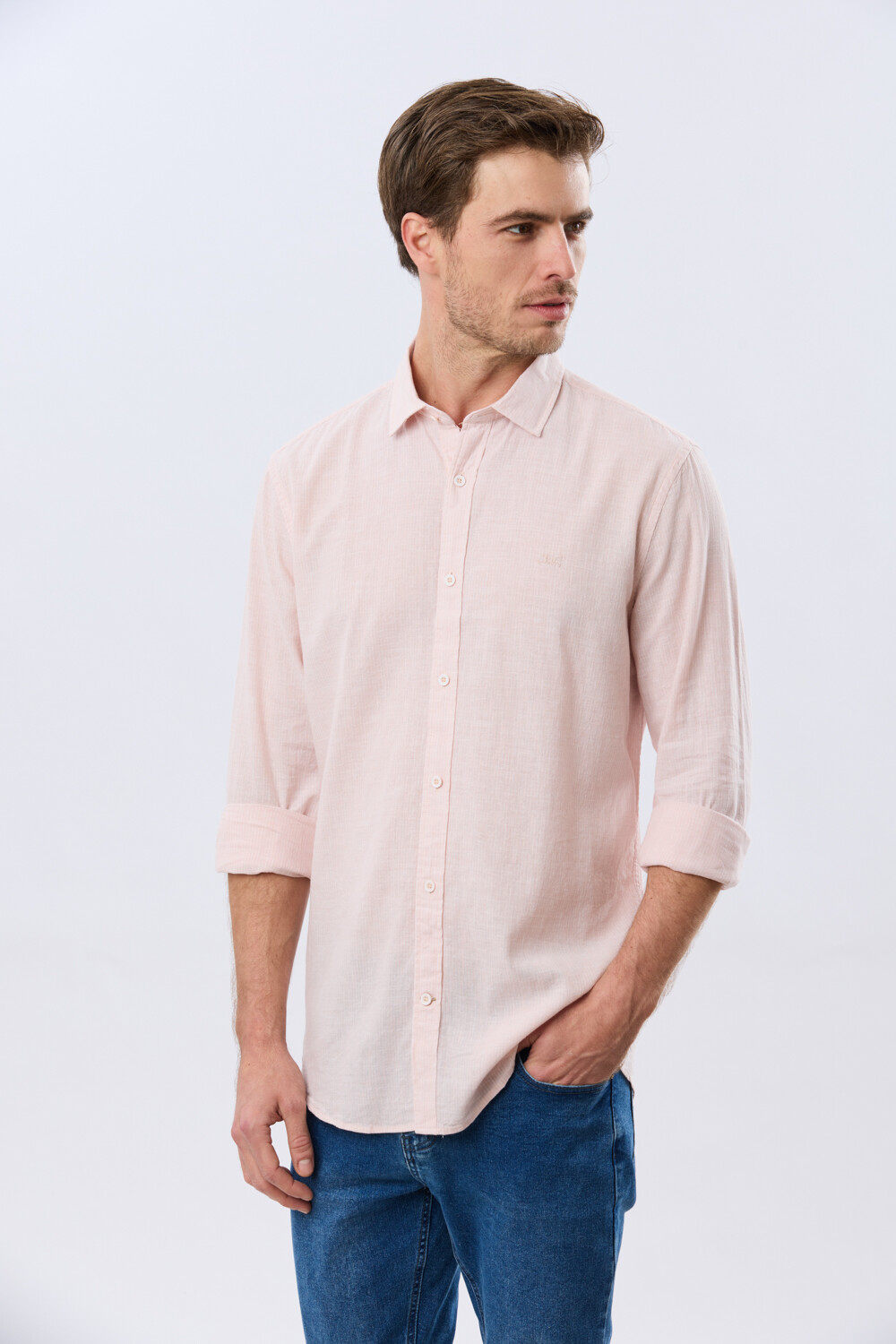CAMISA RAYADA DE LINO Rosa