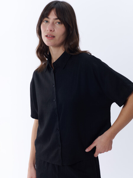 Camisa manga corta con lino Negro