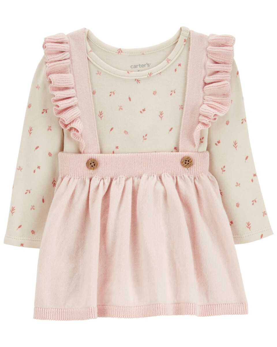 Set dos piezas de algodón, jumper rosada y body diseño floral 