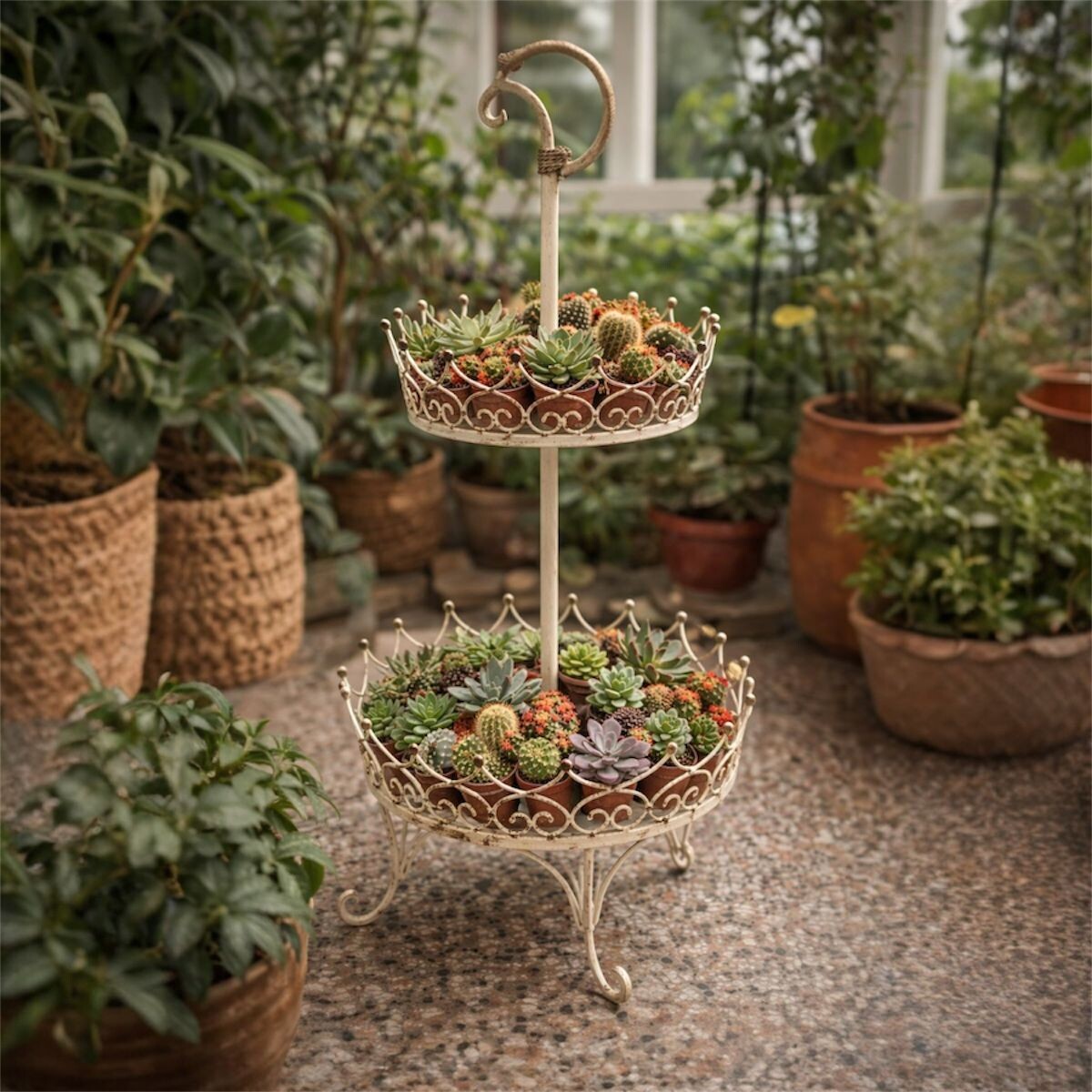 Porta Plantas de Metal Vintage de 2 Niveles – Soporte Decorativo para Macetas 