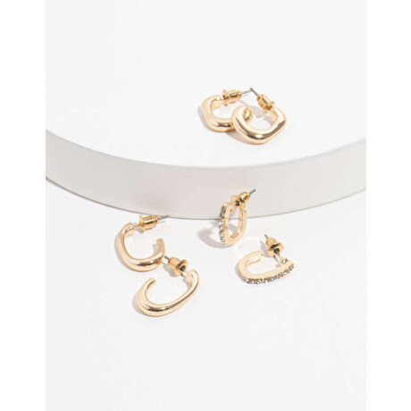 Aros Argollas Set Metal Con Detalle De Strass Dorado