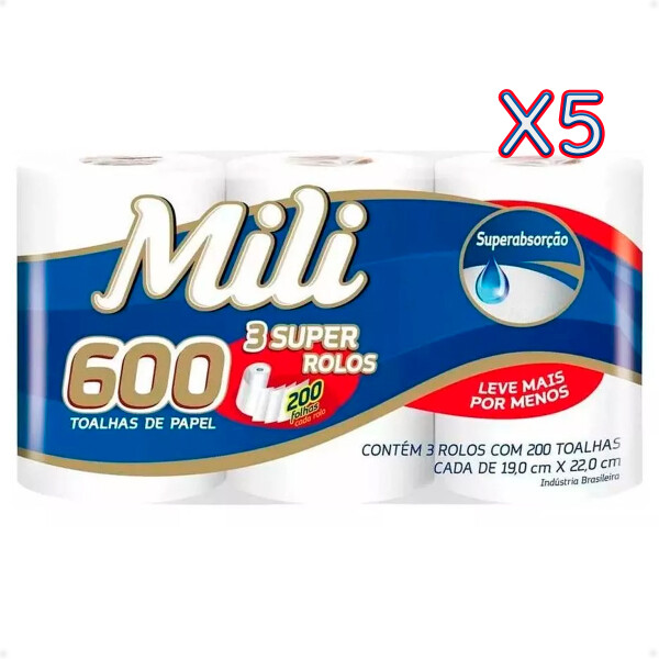 Papel Toalla Cocina Premium Mili 3 Rollos 200 Hojas X5