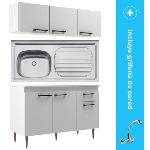 Kit de Cocina Bajo Mesada Pileta Izquierda Mueble Aéreo 3 Puertas y Grifería de Pared Pico Alto Kit de Cocina Bajo Mesada Pileta Izquierda Mueble Aéreo 3 Puertas y Grifería de Pared Pico Alto