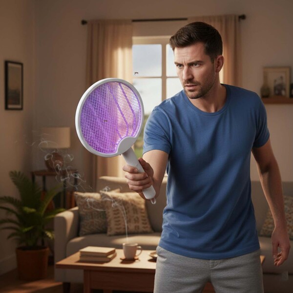 Raqueta Eléctrica Mata Mosquitos Insectos Recargable 2 En 1 Color Blanco