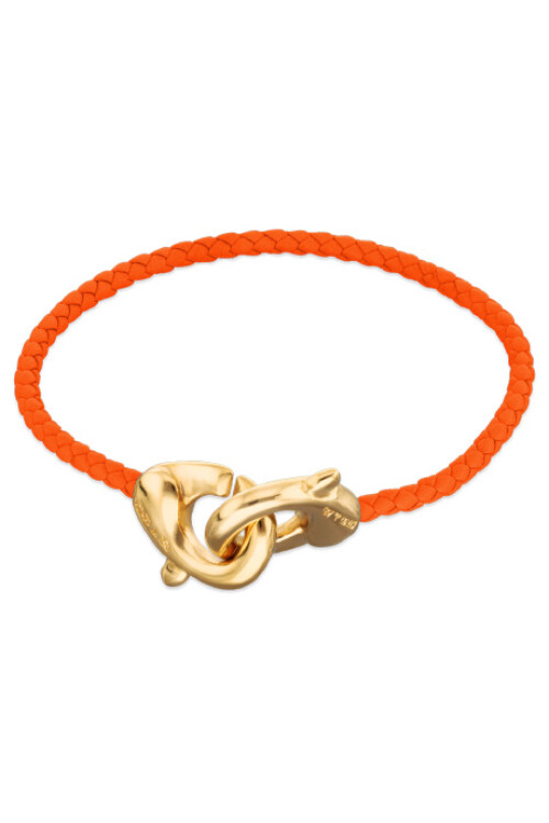 PULSERA DE CUERO NARANJA CON MOSQUETÓN ENTRELAZADO BAÑADO EN ORO 18K Pulsera