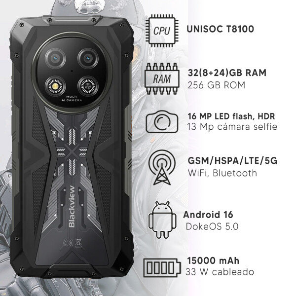Blackview Rock 2 32(8+24)gb 256gb Robusto De Trabajo 5g CEL BLACKVIEW ROCK 2 8/256 5G RUGGED BK
