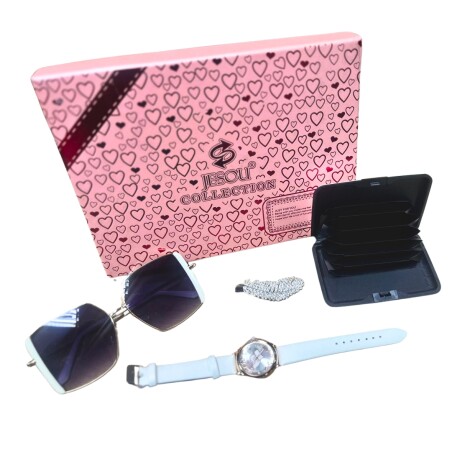 Pack Dama Tarjetero Lentes de Sol Broche y Reloj E-042 ROSA