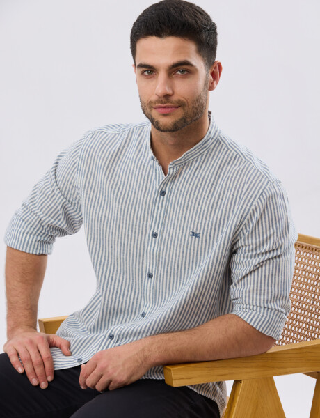 CAMISA RAYADA DE LINO CUELLO MAO Denim