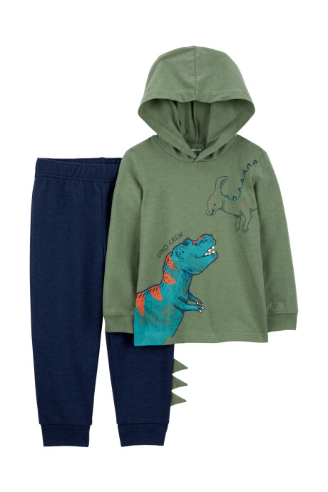 Set dos piezas de algodón, pantalón y remera con capucha, diseño dinos Sin color