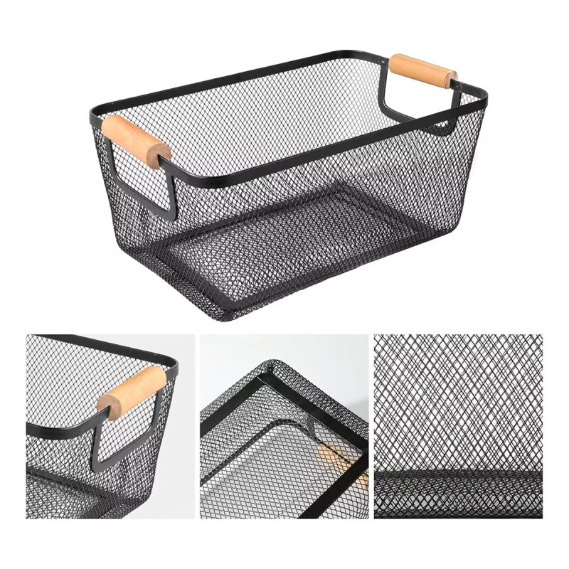 Cesto organizador metal con asa de madera NEGRO
