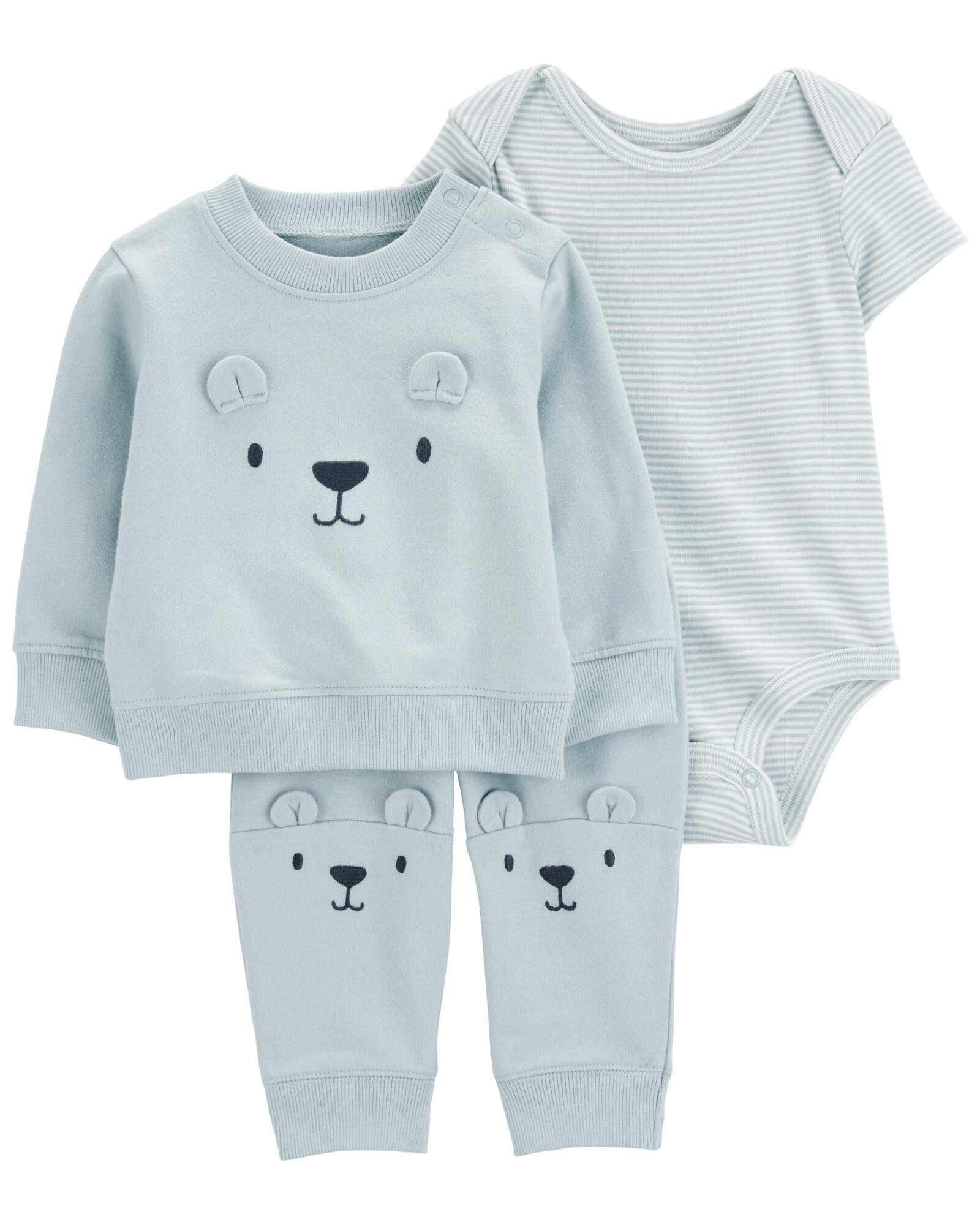 Set tres piezas de algodón, pantalón, buzo y body, diseño oso Set tres piezas de algodón, pantalón, buzo y body, diseño oso