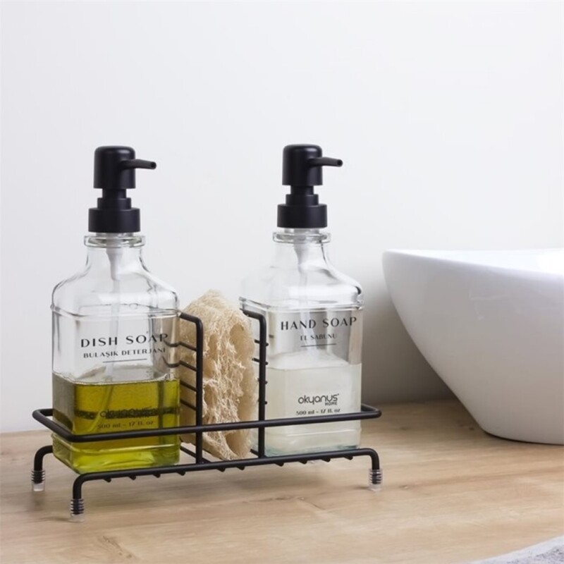 Dispensador de Jabon en Vidrio con Soporte Negro